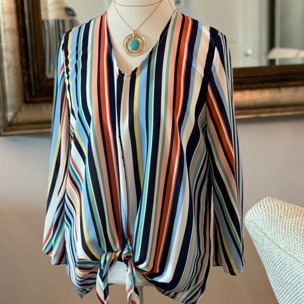 Multi Striped Tie Front W/ Flare Sleeve